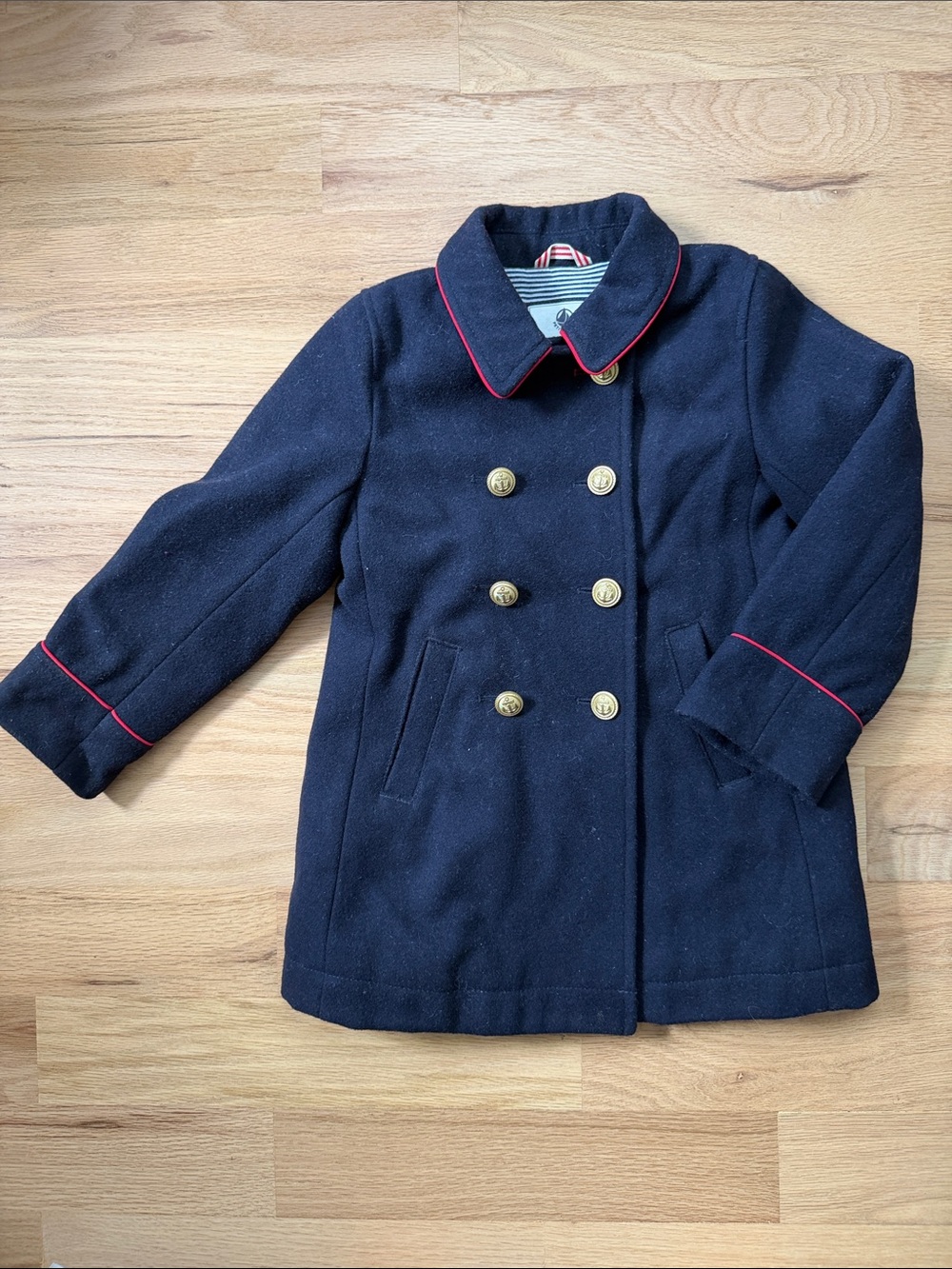 Petit Bateau Navy Wool Peacoat w/ Gold Buttons & Red Trim Details Girls sz 5 yrs